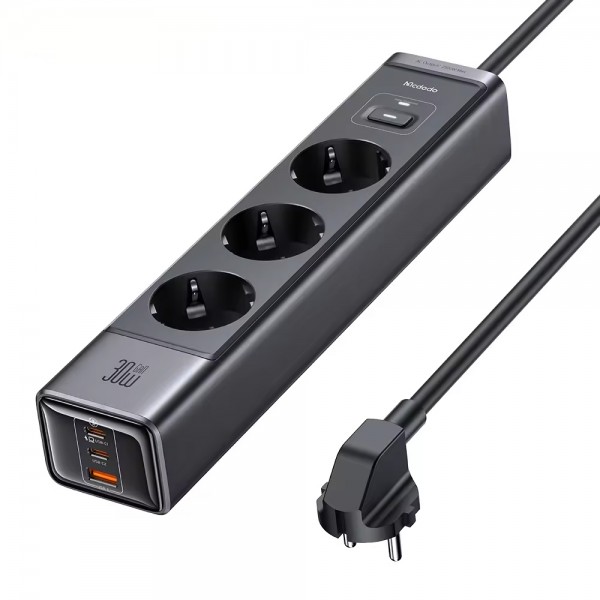 Мережевий фільтр-подовжувач Mcdodo GaN (1.5м): Три розетки 220V / 30W - два USB Type-C / один USB-A для телефону, планшета, ноутбука, MacBook / зарядний пристрій з підтримкою протоколів швидкої зарядки (PD 3.0, QC 4.0, PPS, AFC, FCP)
