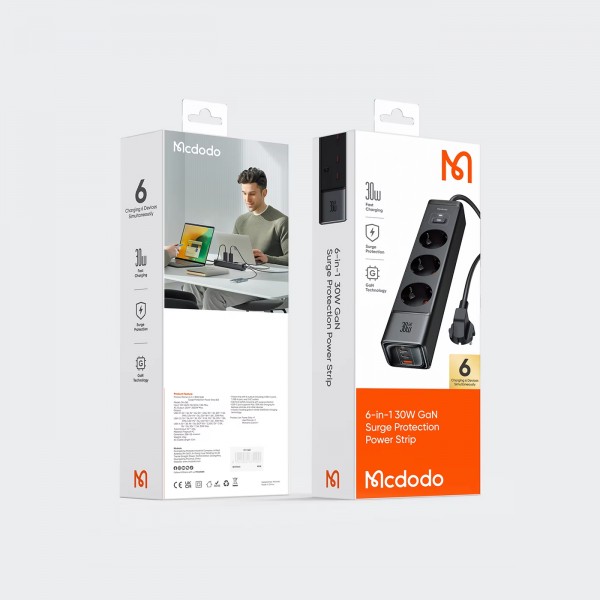 Мережевий фільтр-подовжувач Mcdodo GaN (1.5м): Три розетки 220V / 30W - два USB Type-C / один USB-A для телефону, планшета, ноутбука, MacBook / зарядний пристрій з підтримкою протоколів швидкої зарядки (PD 3.0, QC 4.0, PPS, AFC, FCP)