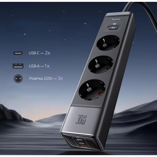 Мережевий фільтр-подовжувач Mcdodo GaN (1.5м): Три розетки 220V / 30W - два USB Type-C / один USB-A для телефону, планшета, ноутбука, MacBook / зарядний пристрій з підтримкою протоколів швидкої зарядки (PD 3.0, QC 4.0, PPS, AFC, FCP)