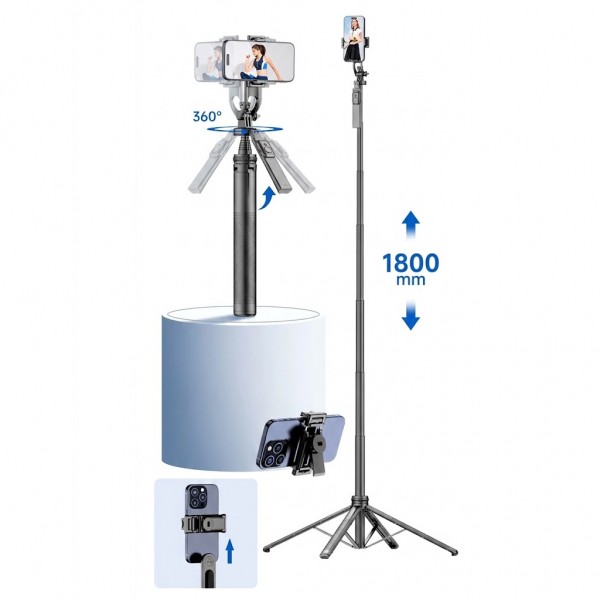 Трипод - штатив Quadropod (180 см max. висота) для телефону, фото, відео 360° (екшн камери, фотоапарата з різьбою у 1.4'') / Bluetooth 5.2 пульт / Стедікам - селфі палиця (СS-319)
