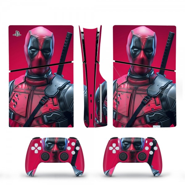 Вінілові наклейки Deadpool на PS5 Slim Disk Drive version + геймпад DualSense + глянцеву частину ігрової консолі Sony PlayStation 5 Slim Disk Drive / Skin
