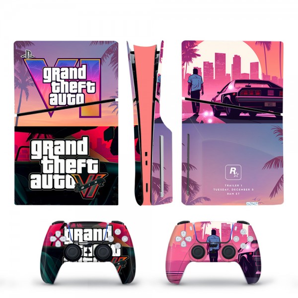 Вінілові наклейки GTA 6 (Grand Theft Auto) на PS5 Slim Disk Drive version + геймпад DualSense + глянцеву частину ігрової консолі Sony PlayStation 5 Slim Disk Drive / Skin