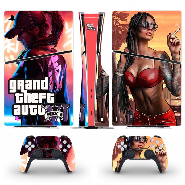 Вінілові наклейки Grand Theft Auto VI на PS5 Slim Disk Drive version / геймпад DualSense / глянцеву частину ігрової консолі Sony PlayStation 5 Slim Disk Drive / Skin