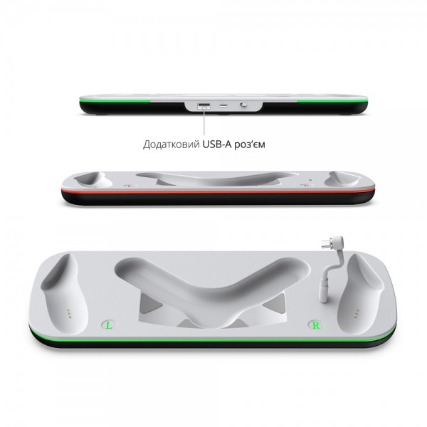 Зарядна док станція DOBE з двома акумуляторними батареями 1850 mAh (2220 mWh) для VR окулярів шолома віртуальної реальності Meta Oculus Quest 3 / Oculus Quest 3S та двох контролерів Touch Plus з LED підсвіткою / додатковий USB-A роз'єм
