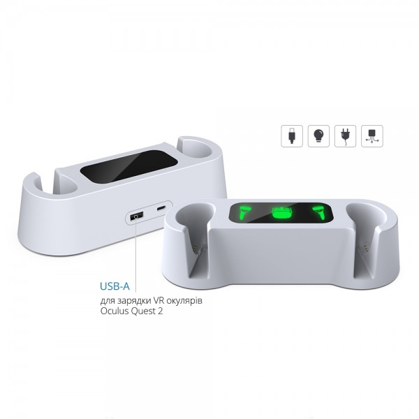 Зарядна док станція DOBE з акумуляторною батареєю 1850 mAh (2 шт ) для контролера Oculus Touch + USB-A роз'єм для VR шолома окулярів віртуальної реальності Meta Oculus Quest 2