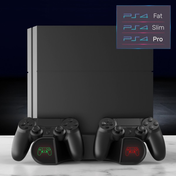 Мультифункціональна вертикальна підставка DOBE для консолей Sony PlayStation 4 (PS4 PRO / PS4 Slim / PS4 Fat) з охолодженням, зарядна станція для геймпадів DualShock 4 з LED підсвічуванням, підставка під 10 дисків