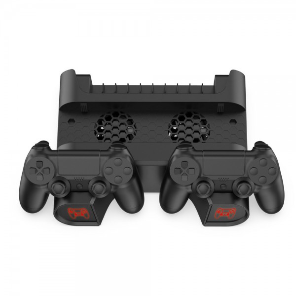 Мультифункціональна вертикальна підставка DOBE для консолей Sony PlayStation 4 (PS4 PRO / PS4 Slim / PS4 Fat) з охолодженням, зарядна станція для геймпадів DualShock 4 з LED підсвічуванням, підставка під 10 дисків