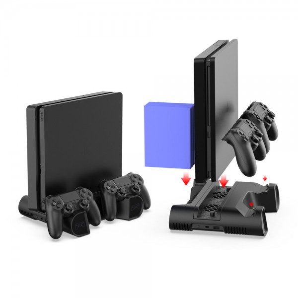 Мультифункціональна вертикальна підставка DOBE для консолей Sony PlayStation 4 (PS4 PRO / PS4 Slim / PS4 Fat) з охолодженням, зарядна станція для геймпадів DualShock 4 з LED підсвічуванням, підставка під 10 дисків