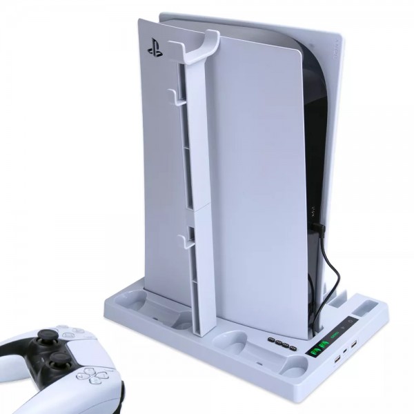 Мультифункциональная охлаждающая подставка OIVO для консоли Sony PlayStation 5 (PS5 / PS5 Digital Edition), зарядная станция для двух геймпадов DualSense с LED подсветкой, места для наушников, для 15 дисков, для ДУ пульта