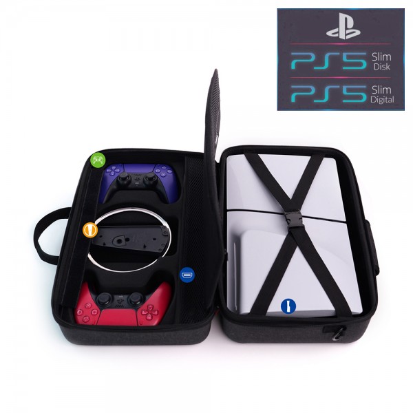 Дорожній кейс-сумка DOBE для перенесення ігрової консолі Sony PlayStation 5 Slim: PS5 Slim Disk Drive version / PS5 Slim Digital Edition / два геймпади DualSense / підставка / пульт, кабелі приставки / водонепроникний матеріал