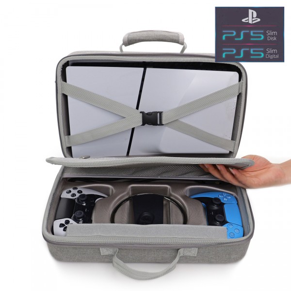 Дорожня сумка-кейс DOBE для перенесення ігрової консолі Sony PlayStation 5 Slim: PS5 Slim Disk Drive version / PS5 Slim Digital Edition / два геймпади DualSense / підставка / пульт, кабелі приставки / водонепроникний матеріал