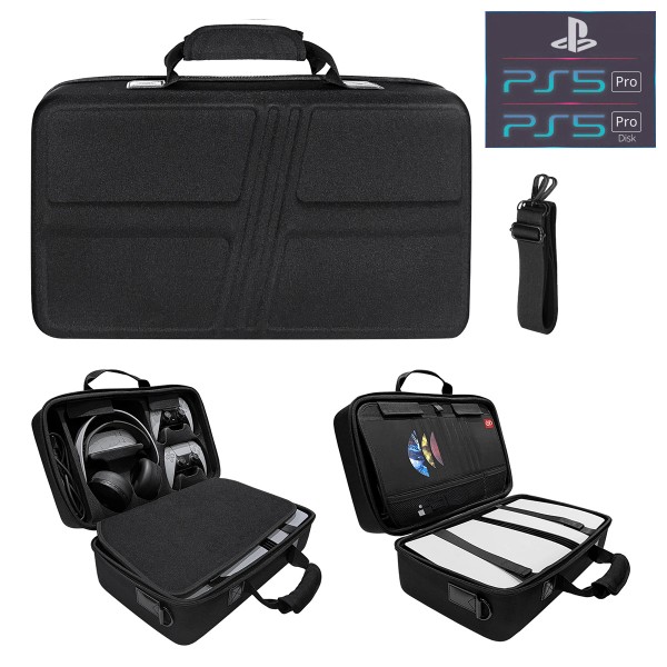 Дорожня сумка-чохол JYS для перенесення ігрової консолі PS5 Pro Digital Edition / PS5 Pro + Disk Drive | Два контролери-геймпади DualSense / DualSense Edge | Навушники Sony PlayStation PS5 Pulse 3D | Пульт-кабелі | Водонепроникний матеріал кейсу