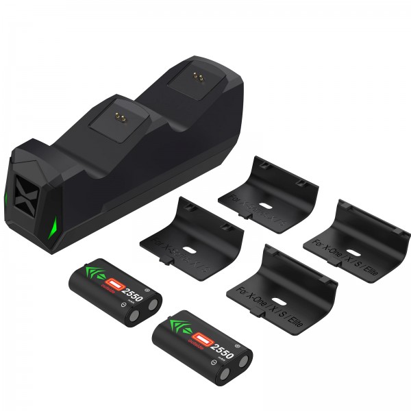 Подвійна зарядна dock станція BEBONCOOL із двома акумуляторними батареями 2550 mAh підставка для геймпаду Microsoft Wireless Controller Xbox Series X | Xbox Series S, Xbox One / X / S / Elite з LED індикаторам статусу заряджання джойстика