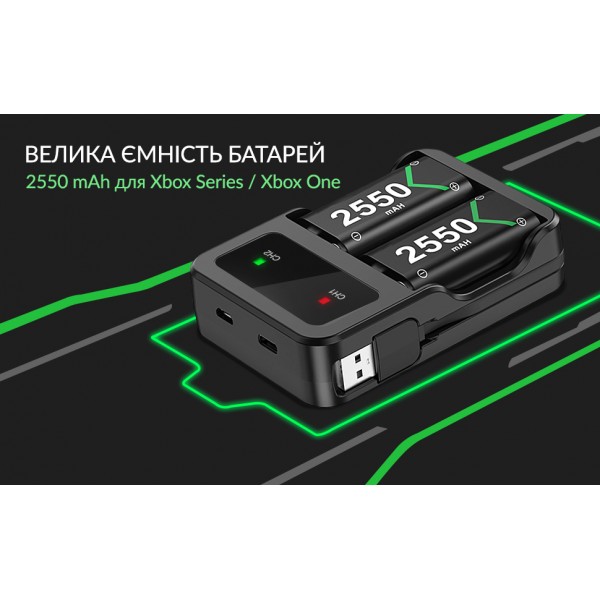 Зарядна dock станція BEBONCOOL з двома акумуляторними батареями ємністю 2550 mAh для геймпада Microsoft Wireless Controller консолі Xbox Series X|S, Xbox One X / Xbox One S / Xbox One з LED підсвіткою статусу зарядки