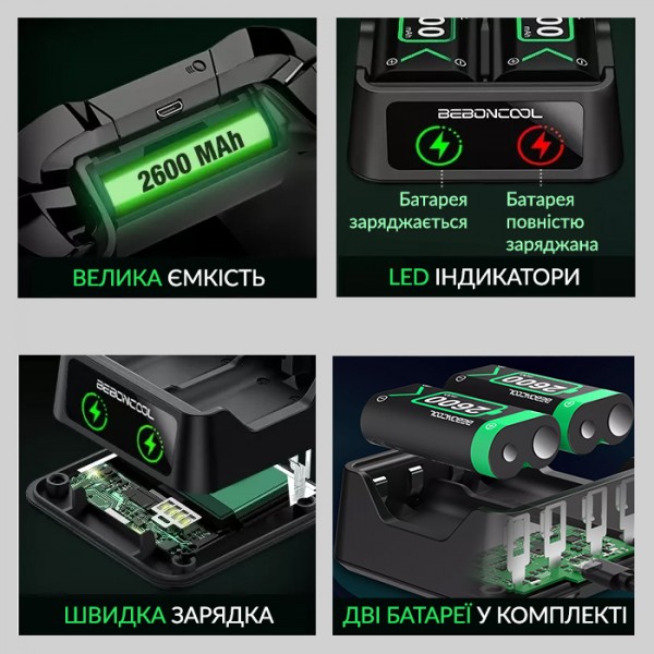 Зарядна dock станція BEBONCOOL з двома акумуляторними батареями ємністю 2600 mAh для геймпада Microsoft Wireless Controller консолі Xbox Series X|S, Xbox One X / Xbox One S / Xbox One з LED підсвіткою статусу зарядки