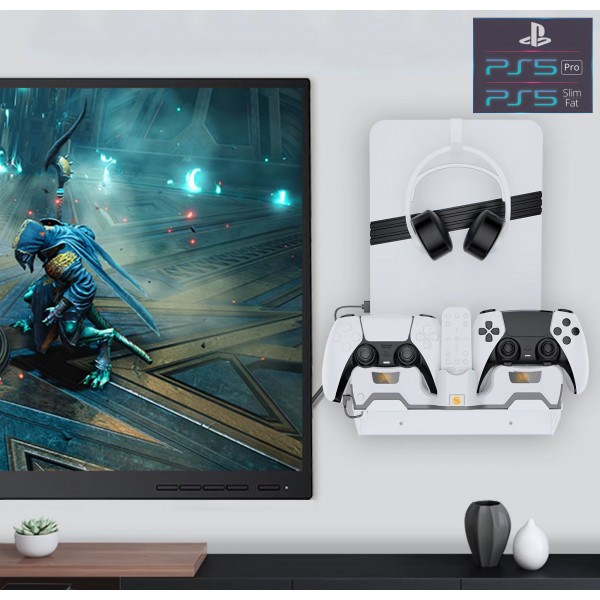 Настінне кріплення + Зарядна станція JYS для консолі PS5 / PS5 Slim / PS5 Pro (Disk Drive/Digital Edition) та контролера DualSense | DualSense Edge + Гачок-тримач навушники PS5 Pulse 3D / PULSE Elite | Кронштейн на стіну Sony PlayStation 5