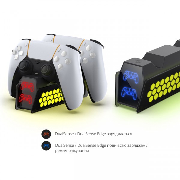 Подвійна зарядна док станція DOBE підставка для контролера DualSense / DualSense Edge консолі PS5 / PS5 Slim / PS5 Pro (Digital Edition / Disk Drive) з LED підсвіткою статусу зарядки геймпада, джойстика Sony PlayStation 5
