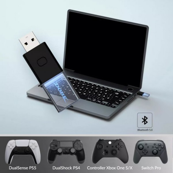 USB-A Bluetooth 5.0 ресивер-адаптер DOBE для підключення контролера DualSense від консолі PS5 / PS5 Slim / PS5 Pro, DualShock PS4 PRO / Slim / Fat, геймпада Microsoft Wireless Controller Xbox One, Nintendo Switch Pro до ПК/ноутбуку на Windows