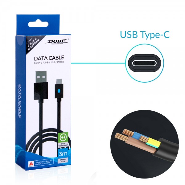 Зарядний кабель DOBE 3м USB / USB Type-C для геймпада DualSense Sony PlayStation PS5 / PS5 Digital Edition / Microsoft Xbox Series S,X / Nintendo Switch з LED підсвічуванням статусу зарядки