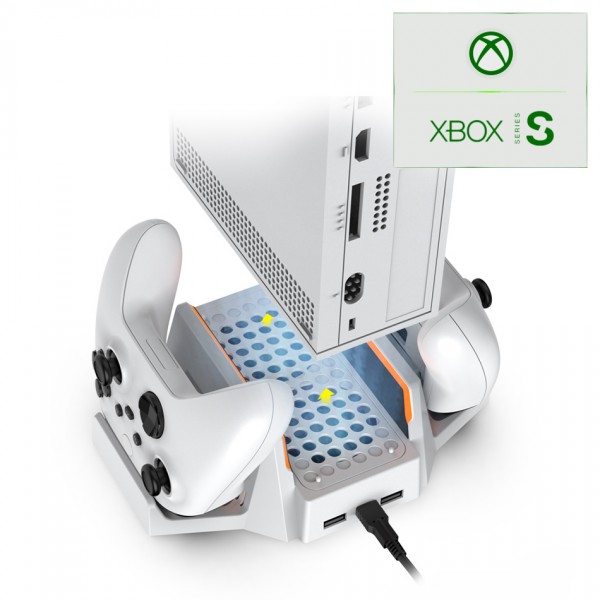Мультифункциональная охлаждающая подставка DOBE для игровой приставки-консоли Xbox Series S, зарядная станция с аккумулятором 800mAh для геймпада Microsoft Wireless Controller с LED подсветкой статуса зарядки