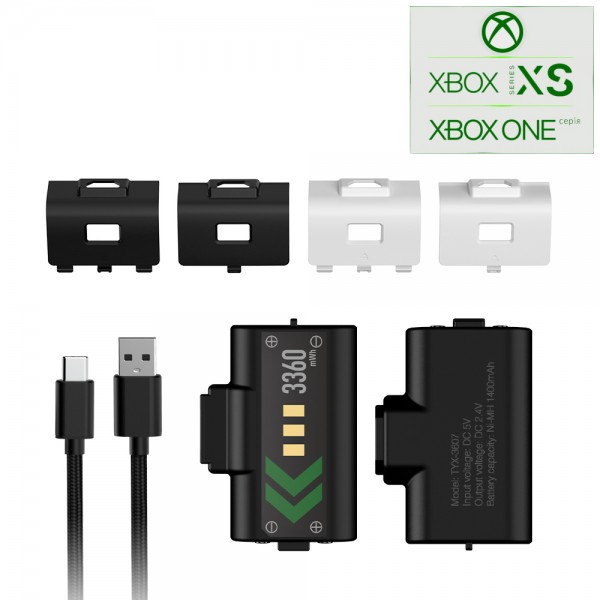 Акумуляторна батарея DOBE 1400 mAh (2шт) для геймпада Microsoft Wireless Controller консолі Xbox Series S | X, Xbox One / X / S / Elite / дві білі, дві чорні кришки / зарядний кабель Type-C / LED індикатор статусу зарядки