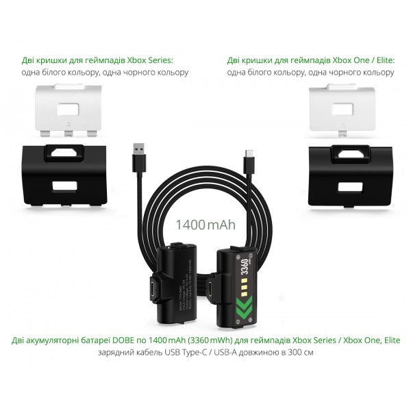Акумуляторна батарея DOBE 1400 mAh (2шт) для геймпада Microsoft Wireless Controller консолі Xbox Series S | X, Xbox One / X / S / Elite / дві білі, дві чорні кришки / зарядний кабель Type-C / LED індикатор статусу зарядки