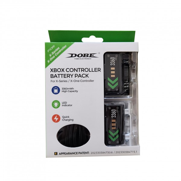 Акумуляторна батарея DOBE 1400 mAh (2шт) для геймпада Microsoft Wireless Controller консолі Xbox Series S | X, Xbox One / X / S / Elite / дві білі, дві чорні кришки / зарядний кабель Type-C / LED індикатор статусу зарядки