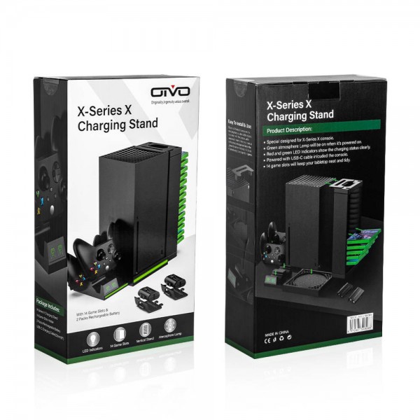 Мультифункциональная вертикальная подставка OIVO для игровой приставки-консоли Xbox Series X, зарядная станция с аккумулятором 1300mAh для геймпада Microsoft Wireless Controller с LED подсветкой статуса зарядки, 14 слотов для дисков