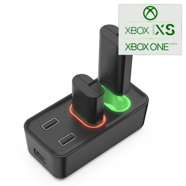 Зарядная dock станция DOBE с двумя аккумуляторными батареями объемом 800 mAh для геймпада Microsoft Wireless Controller консоли Xbox Series X|S,  Xbox One X / Xbox One S / Xbox One с LED подсветкой статуса зарядки