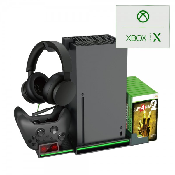 Мультифункціональна вертикальна підставка DOBE для ігрової консолі Xbox Series X, зарядна станція з акумуляторними батареями 800 mAh для геймпаду Microsoft Wireless Controller з LED підсвічуванням статусу зарядки