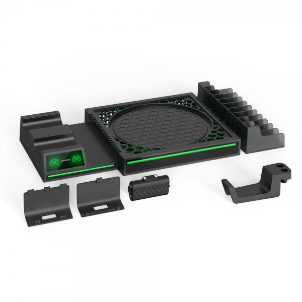 Мультифункціональна вертикальна підставка DOBE для ігрової консолі Xbox Series X, зарядна станція з акумуляторними батареями 800 mAh для геймпаду Microsoft Wireless Controller з LED підсвічуванням статусу зарядки