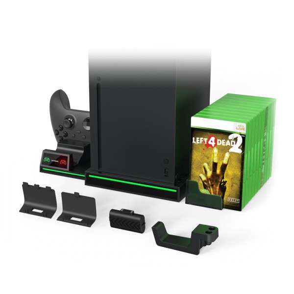 Мультифункціональна вертикальна підставка DOBE для ігрової консолі Xbox Series X, зарядна станція з акумуляторними батареями 800 mAh для геймпаду Microsoft Wireless Controller з LED підсвічуванням статусу зарядки