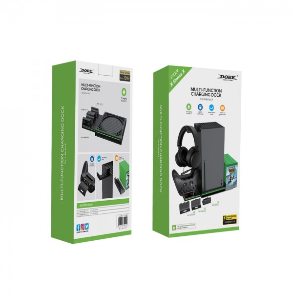 Мультифункціональна вертикальна підставка DOBE для ігрової консолі Xbox Series X, зарядна станція з акумуляторними батареями 800 mAh для геймпаду Microsoft Wireless Controller з LED підсвічуванням статусу зарядки