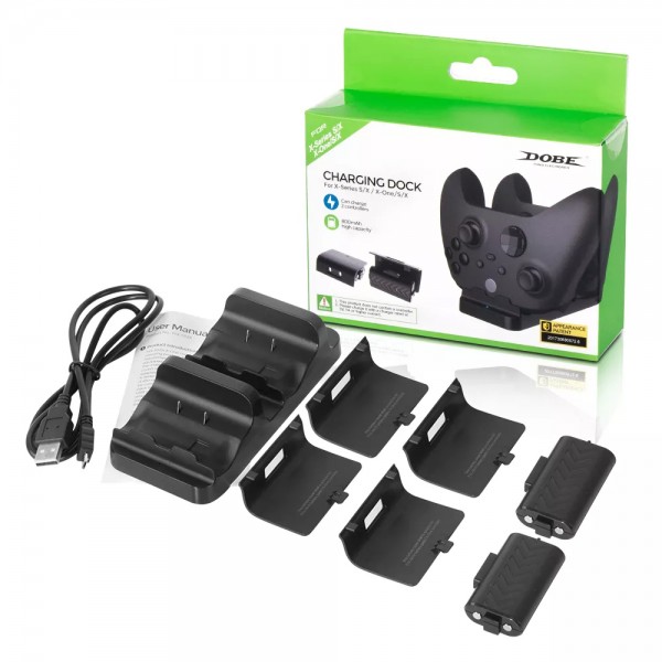 Подвійна зарядна dock станція DOBE із двома акумуляторними батареями 800 mAh підставка для геймпаду Microsoft Wireless Controller Xbox Series X | Xbox Series S, Xbox One X/S/Xbox One c LED індикаторам статусу заряджання джойстика