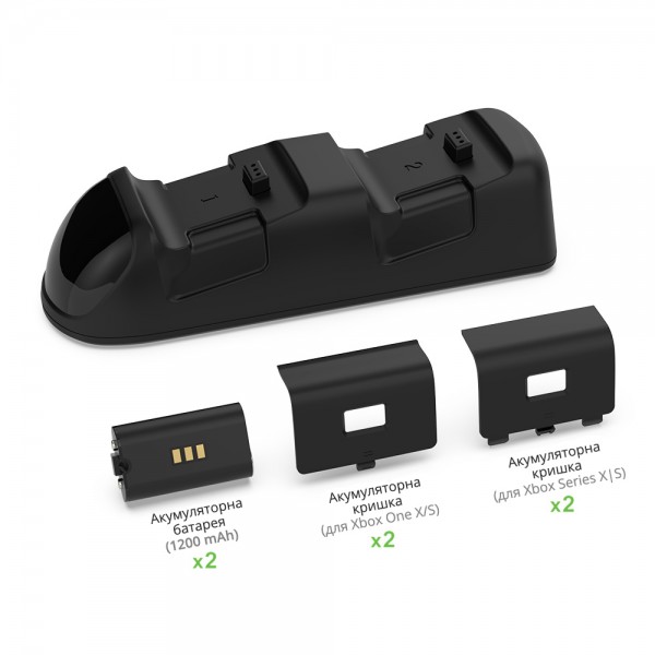 Подвійна зарядна dock станція DOBE з двома акумуляторними батареями 1200 mAh підставка для геймпадів Microsoft Wireless Controller Xbox Series X/S, Xbox One X/S з LED індикаторами статусу зарядки джойстика