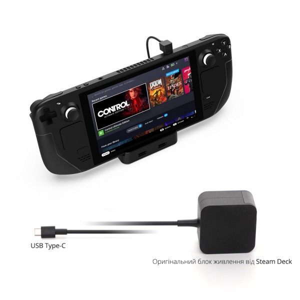 Зарядна док станція DOBE підставка для консолі Valve Steam Deck (OLED) + USB HUB (3 роз'єми USB-A) + Підтримка дротового (DualSense PS5/DualShock PS4/Controller Xbox/Switch Pro) та бездротового (2.4GHz USB-A ресивер) підключення геймпаду джойстика