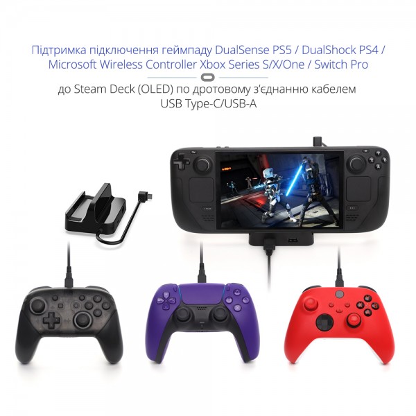 Зарядна док станція DOBE підставка для консолі Valve Steam Deck (OLED) + USB HUB (3 роз'єми USB-A) + Підтримка дротового (DualSense PS5/DualShock PS4/Controller Xbox/Switch Pro) та бездротового (2.4GHz USB-A ресивер) підключення геймпаду джойстика