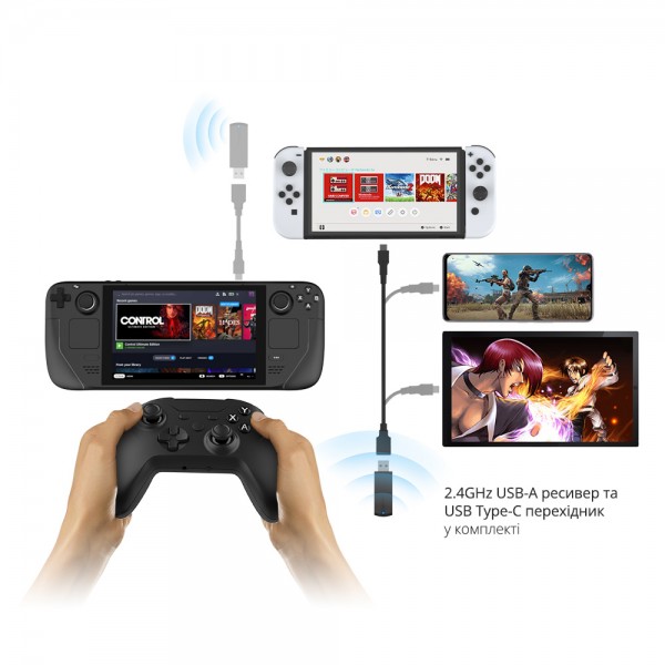 Бездротовий геймпад DOBE (2.4GHz USB-A ресивер, USB Type-C перехідник) для консолі Valve Steam Deck / Nintendo Switch (NS OLED) / ПК, ноутбука / Android / накладки на стіки контролера, джойстика