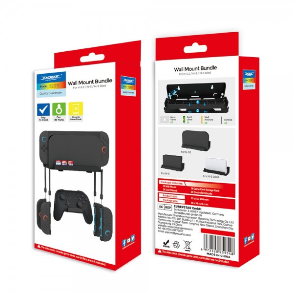 Настінне кріплення DOBE для консолі та зарядної dock станції Nintendo Switch 2 / Nintendo Switch (OLED) + Два тримачі для контролера Switch Pro + Місце для 28 ігрових картриджів / гачки під Joy-Con / кронштейн на стіну