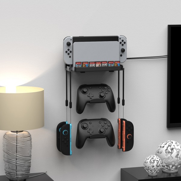 Настінне кріплення DOBE для консолі та зарядної dock станції Nintendo Switch 2 / Nintendo Switch (OLED) + Два тримачі для контролера Switch Pro + Місце для 28 ігрових картриджів / гачки під Joy-Con / кронштейн на стіну