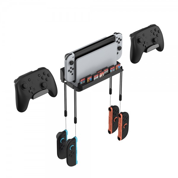 Настінне кріплення DOBE для консолі та зарядної dock станції Nintendo Switch 2 / Nintendo Switch (OLED) + Два тримачі для контролера Switch Pro + Місце для 28 ігрових картриджів / гачки під Joy-Con / кронштейн на стіну