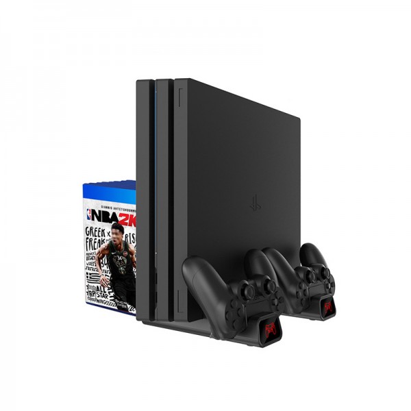Мультифункціональна вертикальна підставка DOBE для Sony PlayStation PS4 PRO / PS4 Slim / PS4 Fat з охолоджувальними кулерами / зарядна станція для двох геймпадів DualShock 4 з LED підсвічуванням / підставка під 10 дисків