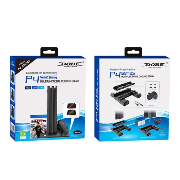 Мультифункціональна вертикальна підставка DOBE для Sony PlayStation PS4 PRO / PS4 Slim / PS4 Fat з охолоджувальними кулерами / зарядна станція для двох геймпадів DualShock 4 з LED підсвічуванням / підставка під 10 дисків