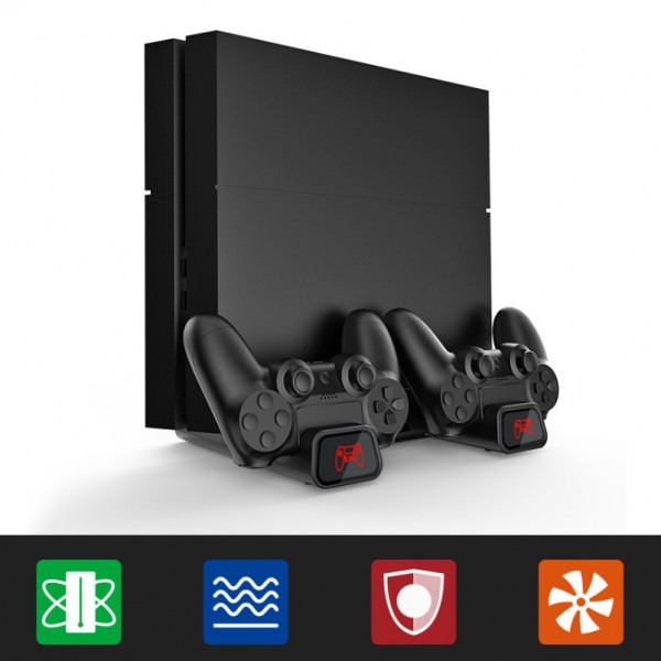 Мультифункціональна вертикальна підставка DOBE для Sony PlayStation PS4 PRO / PS4 Slim / PS4 Fat з охолоджувальними кулерами / зарядна станція для двох геймпадів DualShock 4 з LED підсвічуванням / підставка під 10 дисків