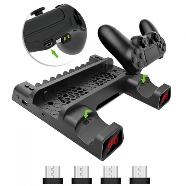 Мультифункціональна вертикальна підставка DOBE для Sony PlayStation PS4 PRO / PS4 Slim / PS4 Fat з охолоджувальними кулерами / зарядна станція для двох геймпадів DualShock 4 з LED підсвічуванням / підставка під 10 дисків