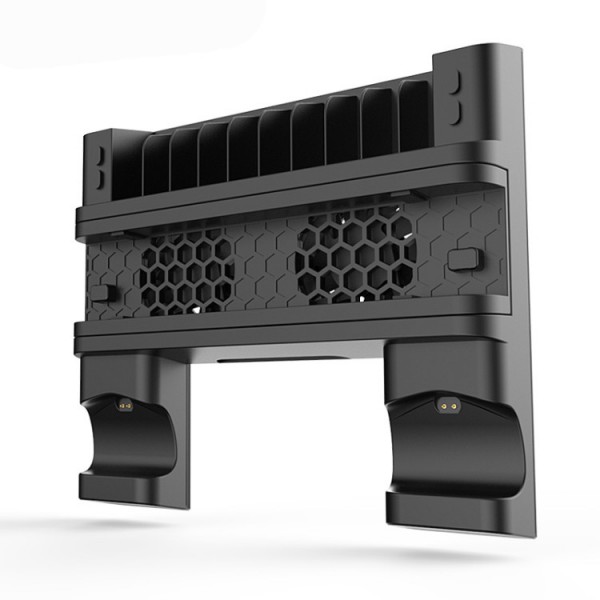 Мультифункціональна вертикальна підставка DOBE для Sony PlayStation PS4 PRO / PS4 Slim / PS4 Fat з охолоджувальними кулерами / зарядна станція для двох геймпадів DualShock 4 з LED підсвічуванням / підставка під 10 дисків