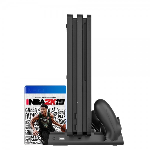 Мультифункціональна вертикальна підставка DOBE для Sony PlayStation PS4 PRO / PS4 Slim / PS4 Fat з охолоджувальними кулерами / зарядна станція для двох геймпадів DualShock 4 з LED підсвічуванням / підставка під 10 дисків