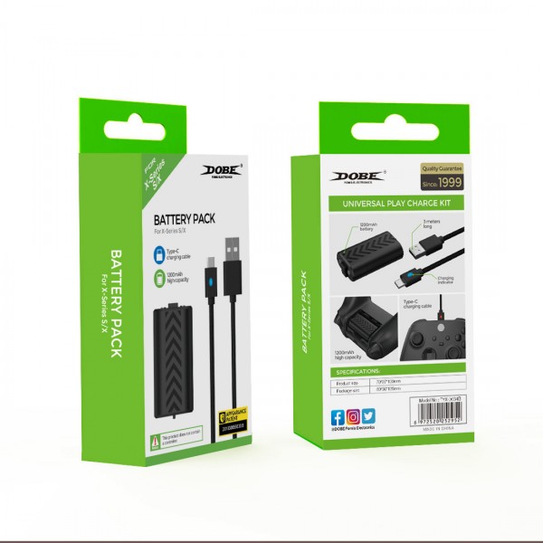 Аккумуляторная батарея 1200 mAh и зарядный кабель DOBE 3м USB / USB Type-C для геймпада Microsoft Wireless Controller консоли Xbox Series S | X с LED подсветкой статуса зарядки