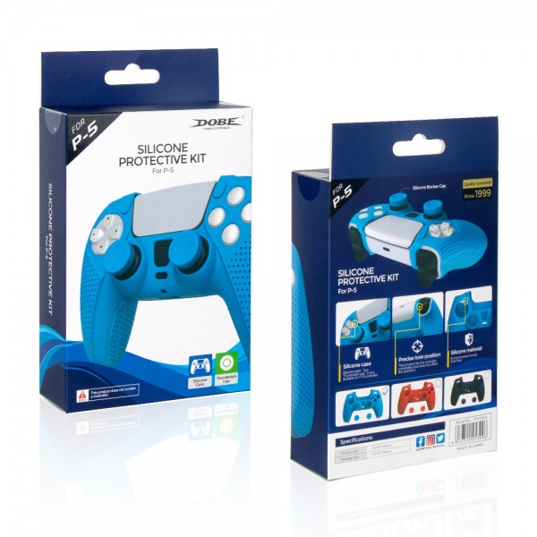 Силиконовый защитный синий чехол и накладки на стики (thumb grips) DOBE для геймпада DualSense консоли Sony PlayStation 5 (PS5 / PS5 Digital Edition)