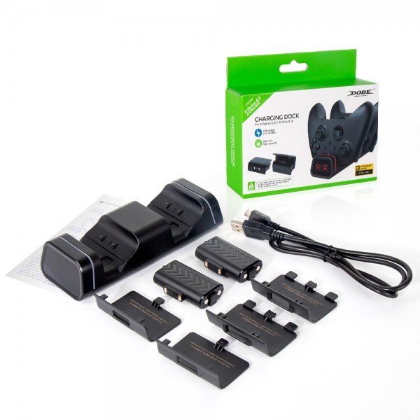 Двойная зарядная dock станция DOBE с двумя аккумуляторными батареями 800 mAh подставка для геймпадов Microsoft Wireless Controller Xbox Series X|S, Xbox One X / Xbox One S / Xbox One c LED индикаторами статуса зарядки джойстика